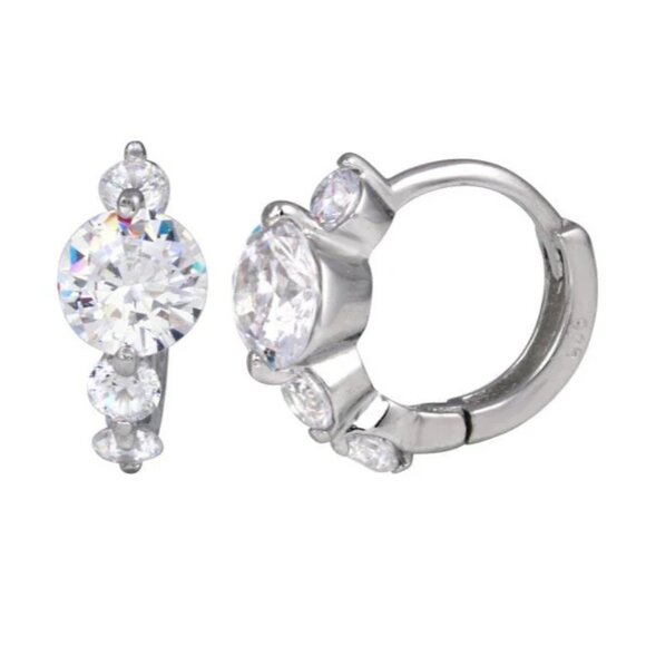 Silver 925 Rhodium Plated Past Present Future CZ Huggie Hoop Earrings